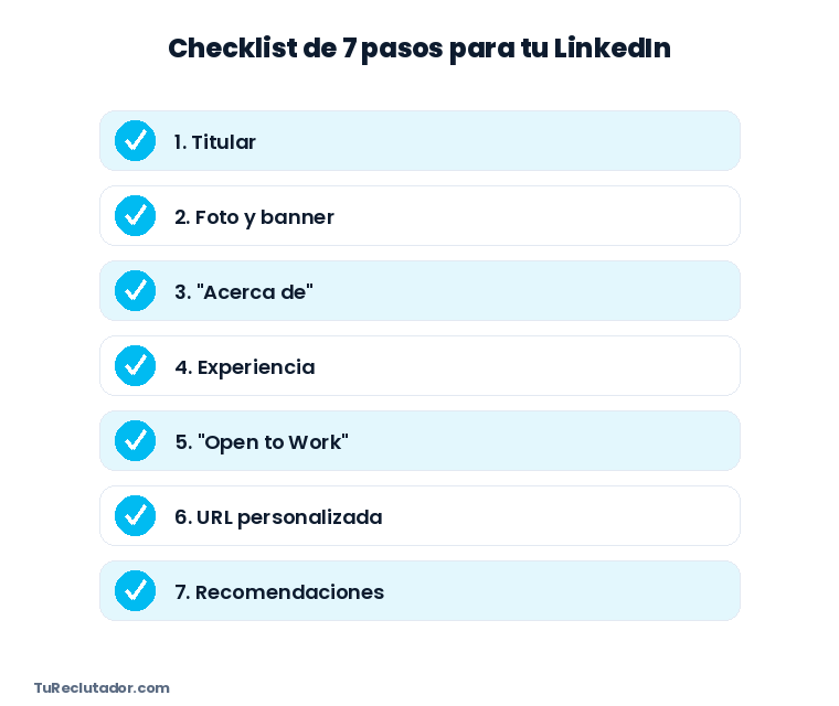 Checklist visual de 7 pasos para optimizar tu LinkedIn: titular, foto y banner, acerca de, experiencia, open to work, URL personalizada y recomendaciones